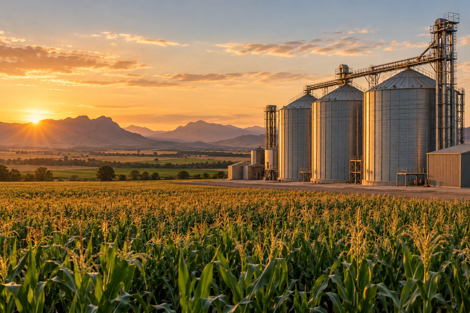 Grain silos beside a South African grain field